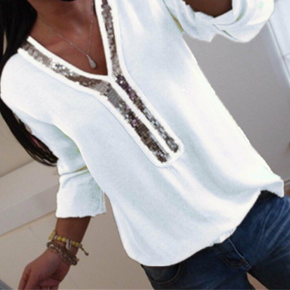 Florydays Camisetas S2 Blanco / L Blusas Holgadas Manga Larga Cuello V