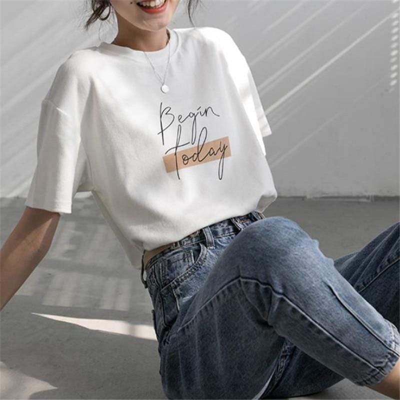 Florydays Camisetas S2 blanco / Talla Única Camiseta Cuello Redondo De Algodon Con Letras