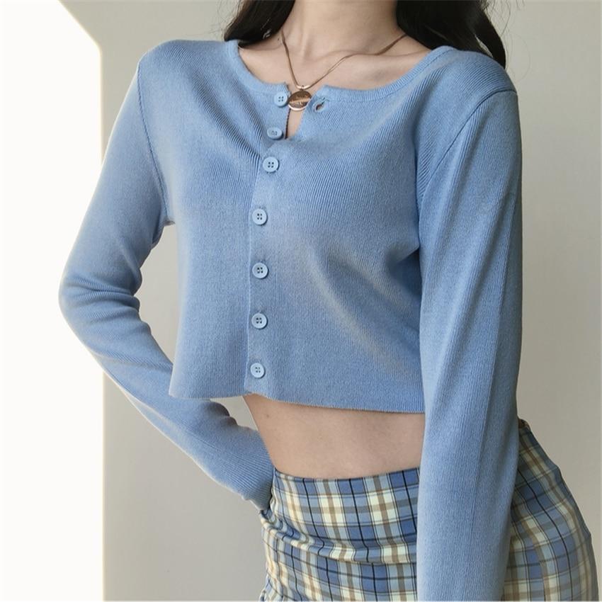 Florydays Camisetas S2 Talla Única / Azul Suéter Crop-Top Cuello Redondo de Botones
