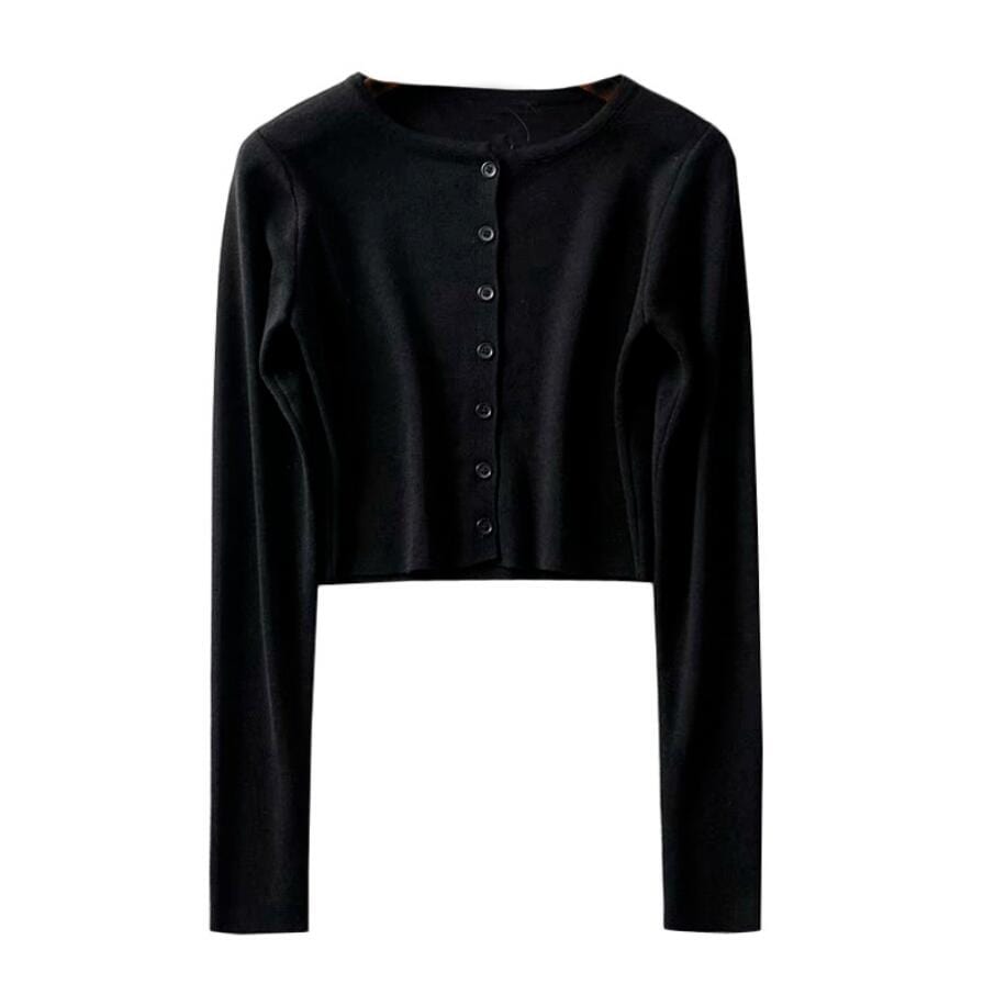 Florydays Camisetas S2 Talla Única / Negro Suéter Crop-Top Cuello Redondo de Botones