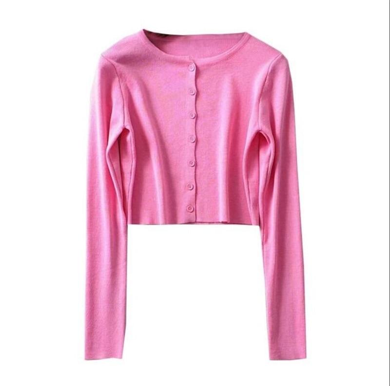 Florydays Camisetas S2 Talla Única / Rosa Suéter Crop-Top Cuello Redondo de Botones