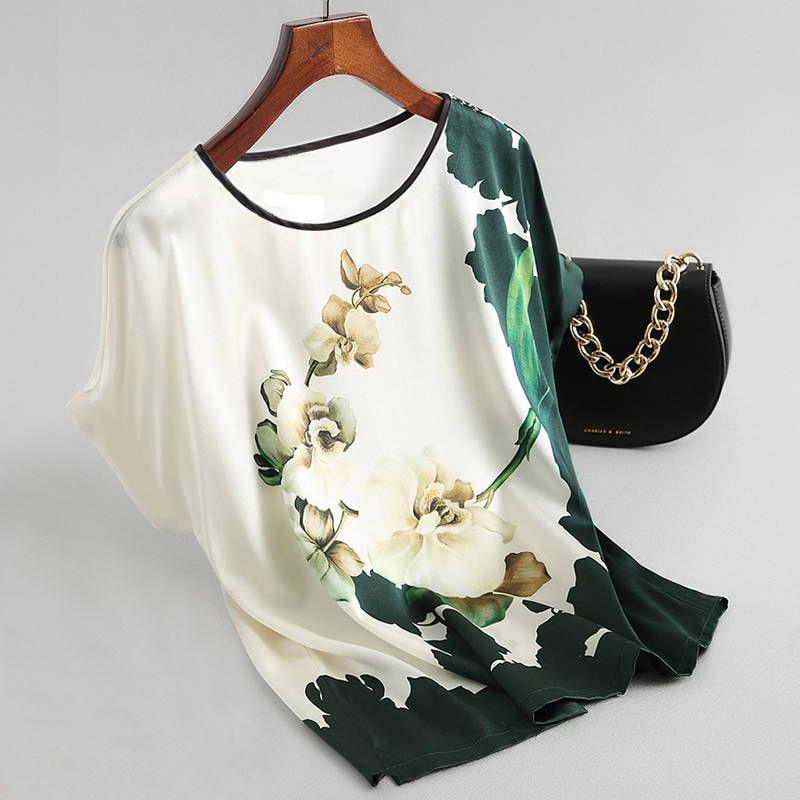 Florydays Camisetas S2 Verde / M Blusas De Seda Saten Con Impresiones Florales