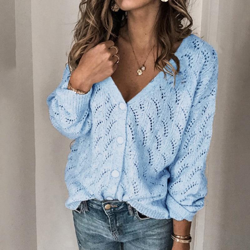 Florydays Jerseys/Sudaderas S2 Azul / S Suéter de Otoño para Mujer de Ganchillo Cuello en V