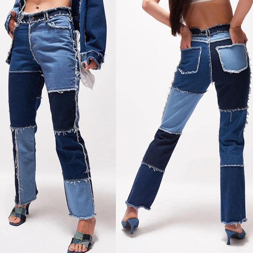 Jeans para Mujer de Pierna Recta con Bloques de Color