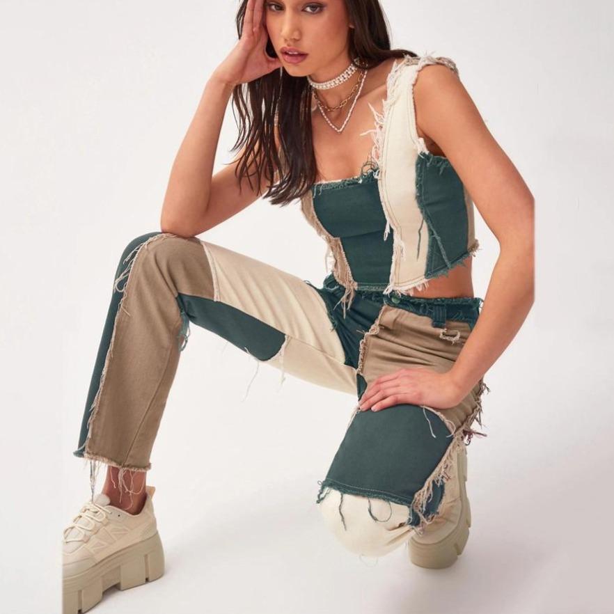Florydays PANTALONES S2 Verde / XS Jeans para Mujer de Pierna Recta con Bloques de Color