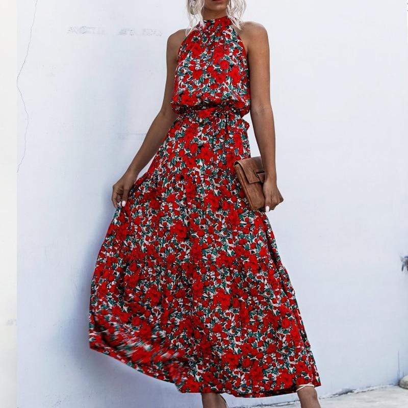 Florydays Vestido Largo Verano print red / S 【 ÚLTIMAS UNIDADES 】Vestido Mujer Verano 2020 Largo Elegante escote Halter